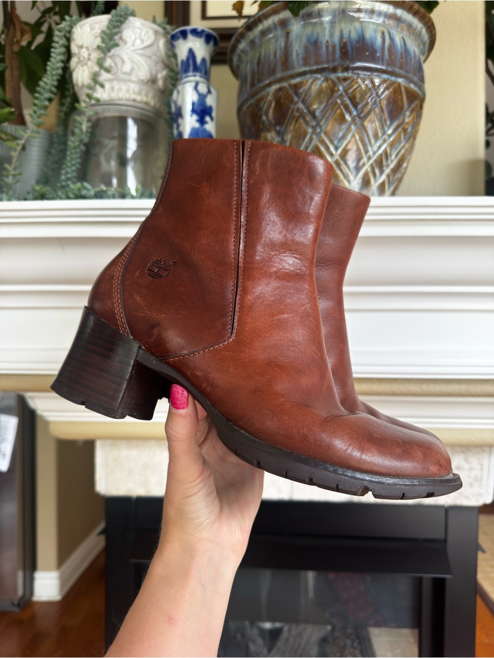 Timberland Alyse Brown Leather Square Toe Block Heel Ankle Boots Size 8.5